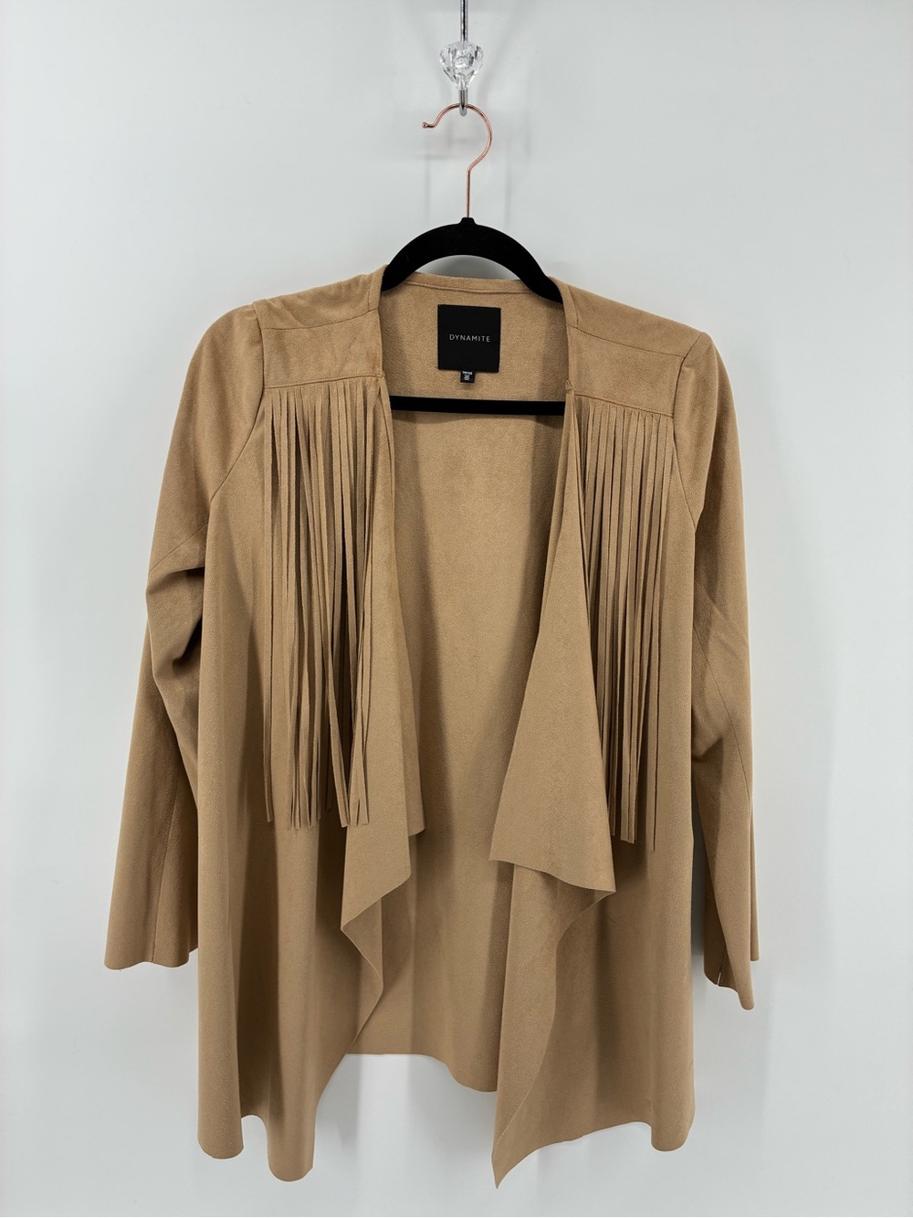 Dynamite Women's Tan Fringe Open Front Jacket Western Festival Suede